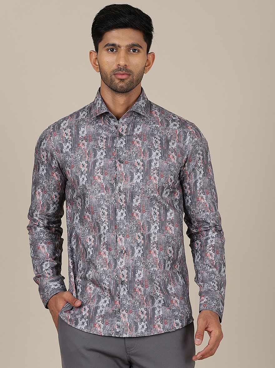 Dark Grey Printed Slim Fit Party Wear Shirt | Wyre