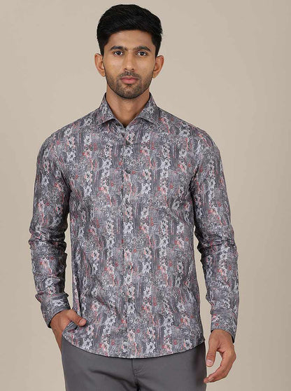 Dark Grey Printed Slim Fit Party Wear Shirt | Wyre