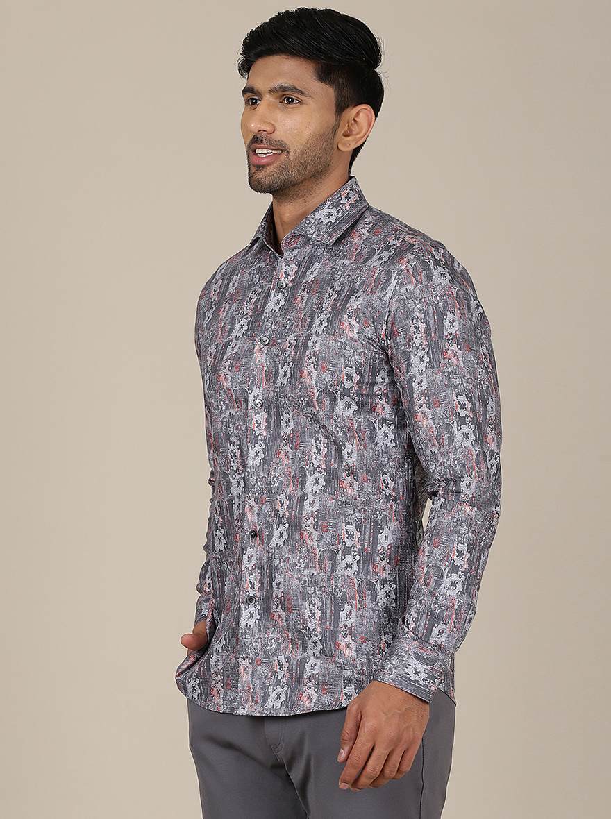 Dark Grey Printed Slim Fit Party Wear Shirt | Wyre