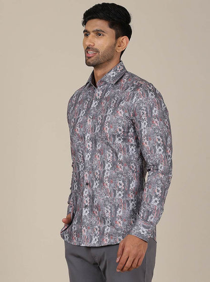 Dark Grey Printed Slim Fit Party Wear Shirt | Wyre