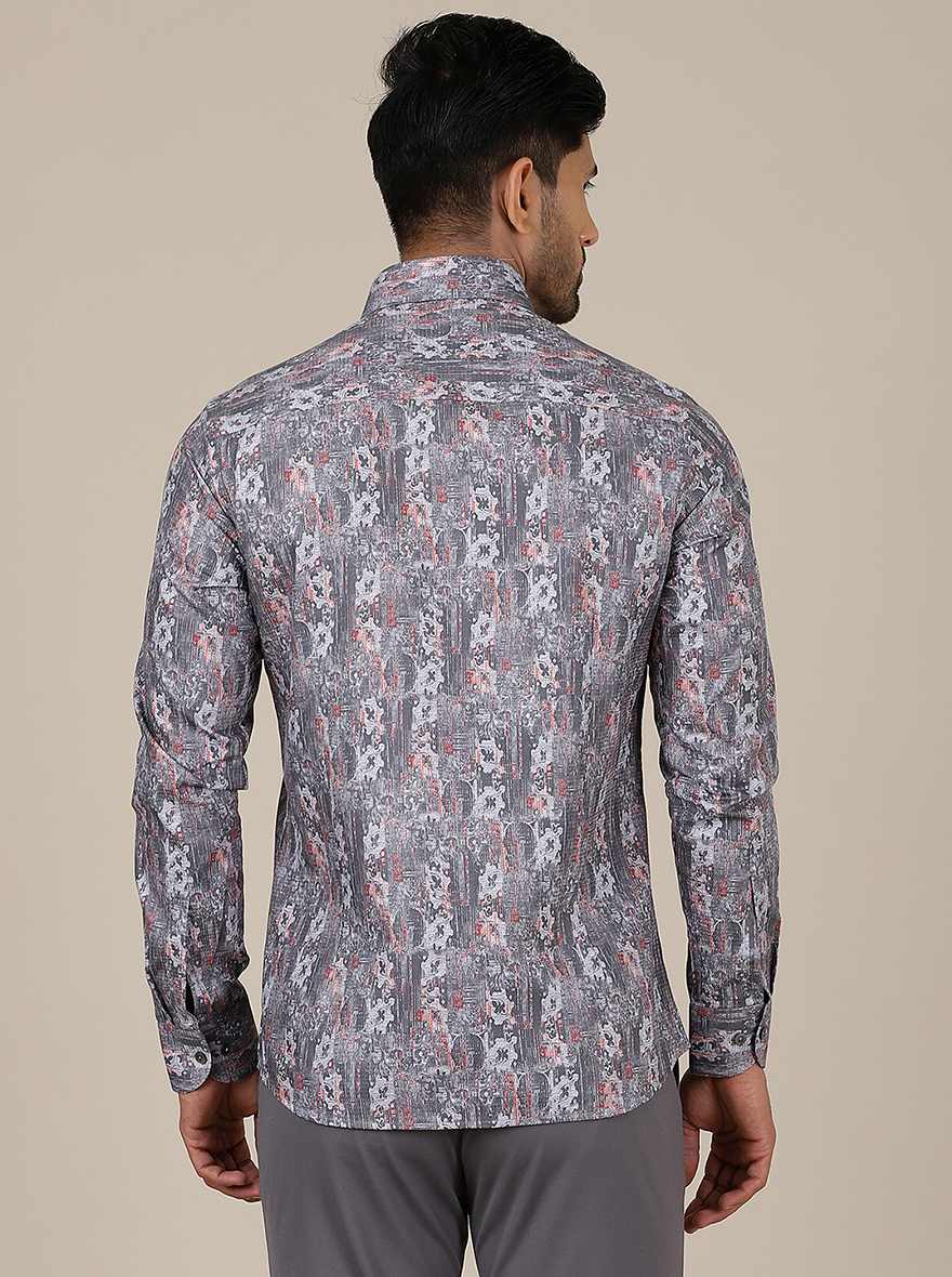 Dark Grey Printed Slim Fit Party Wear Shirt | Wyre