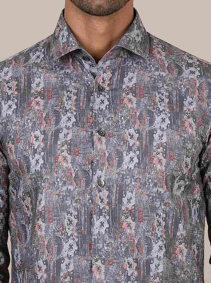 Dark Grey Printed Slim Fit Party Wear Shirt | Wyre