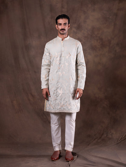 Mint Cream Embroidered  Kurta Pajama | Virasana