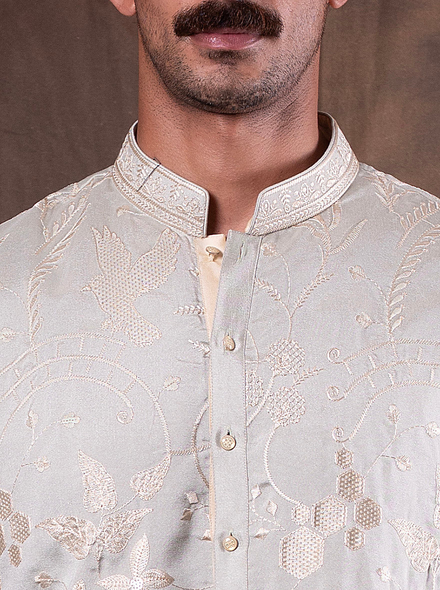 Mint Cream Embroidered  Kurta Pajama | Virasana