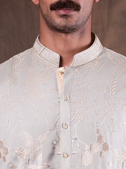 Mint Cream Embroidered  Kurta Pajama | Virasana