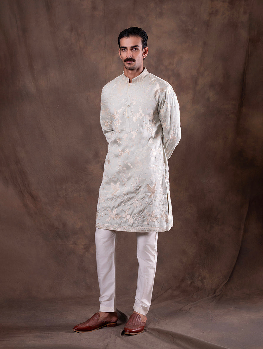 Mint Cream Embroidered  Kurta Pajama | Virasana