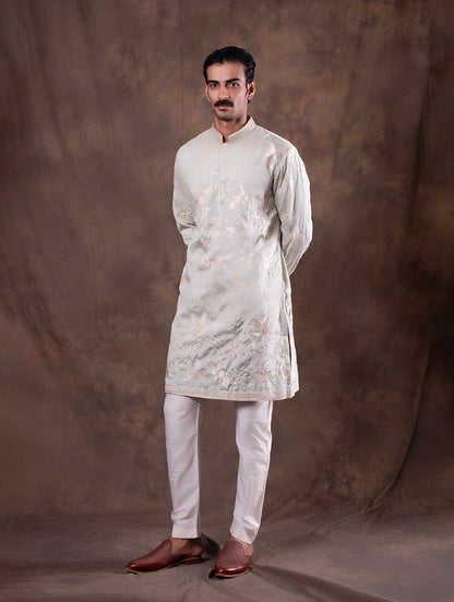 Mint Cream Embroidered  Kurta Pajama | Virasana
