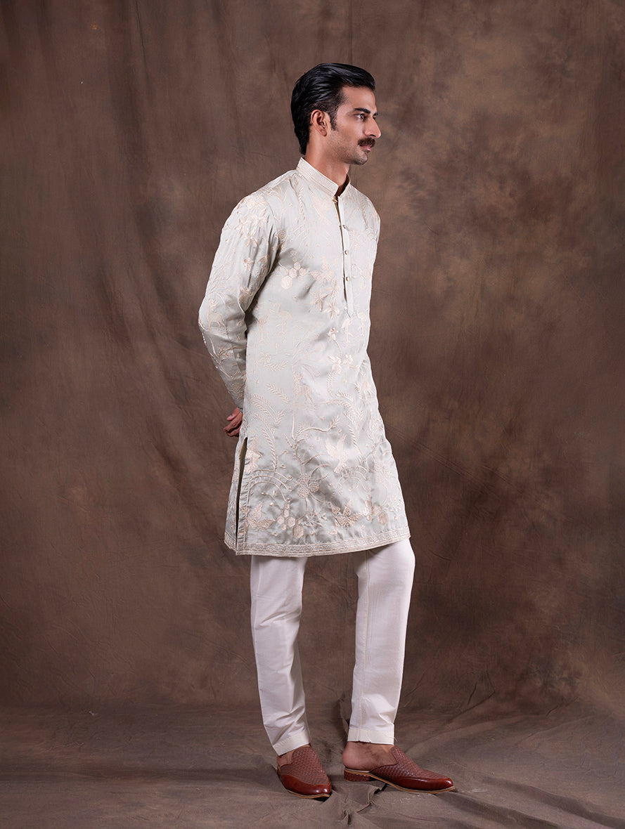 Mint Cream Embroidered  Kurta Pajama | Virasana