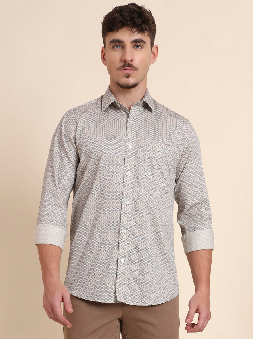 Beige Printed Tailored Fit Semi Casual Shirt | JadeBlue