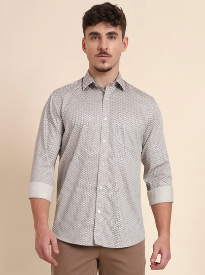 Beige Printed Tailored Fit Semi Casual Shirt | JadeBlue