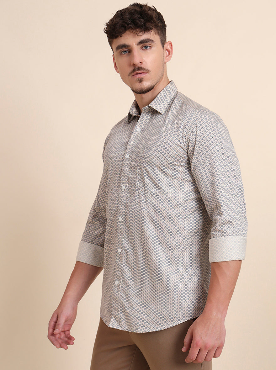 Beige Printed Tailored Fit Semi Casual Shirt | JadeBlue
