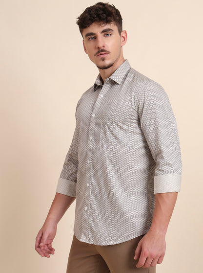 Beige Printed Tailored Fit Semi Casual Shirt | JadeBlue