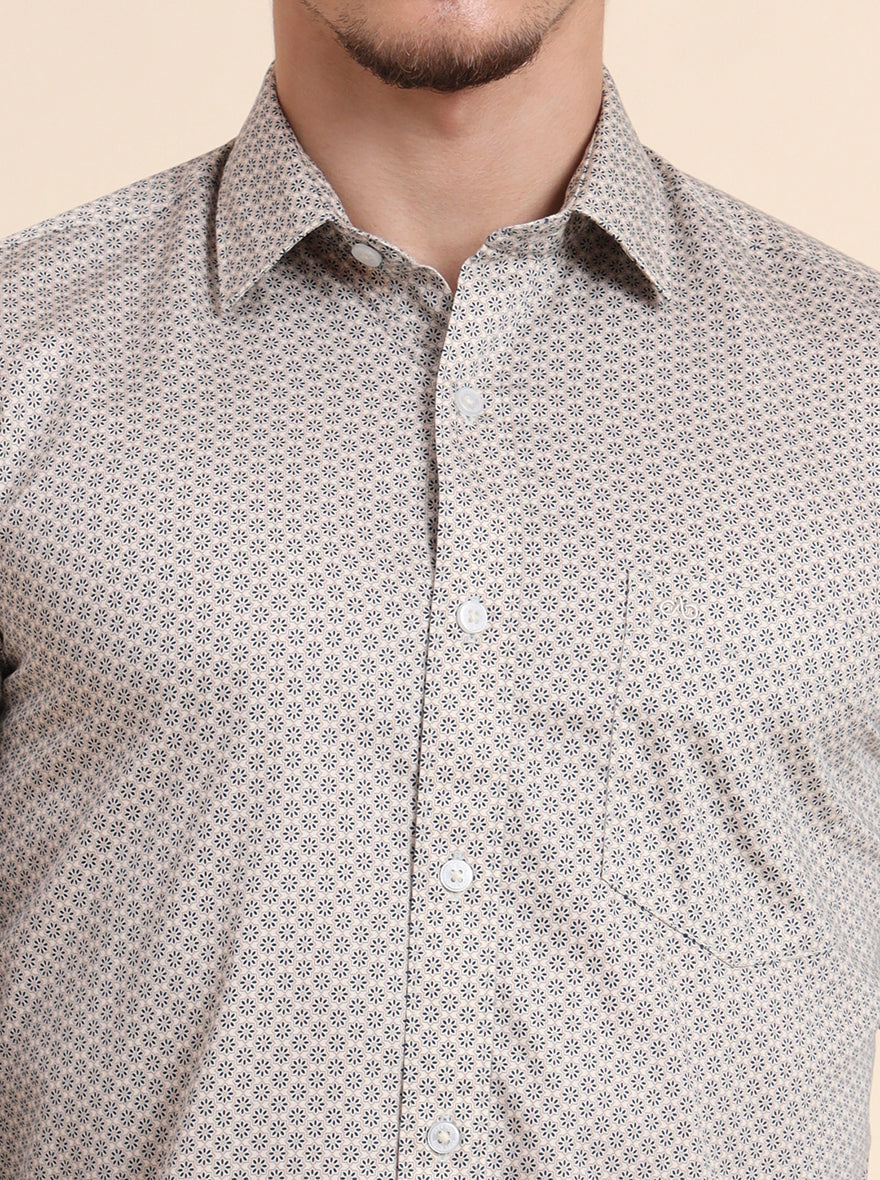 Beige Printed Tailored Fit Semi Casual Shirt | JadeBlue