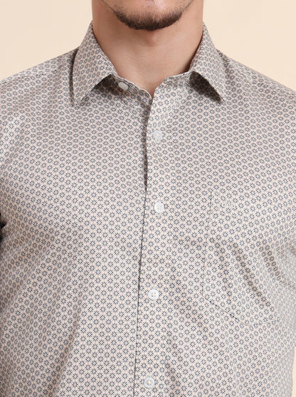 Beige Printed Tailored Fit Semi Casual Shirt | JadeBlue