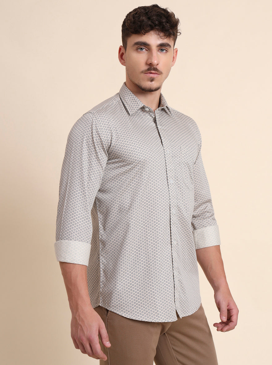 Beige Printed Tailored Fit Semi Casual Shirt | JadeBlue