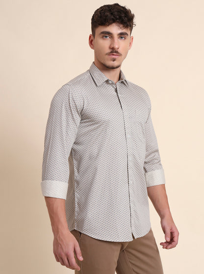 Beige Printed Tailored Fit Semi Casual Shirt | JadeBlue