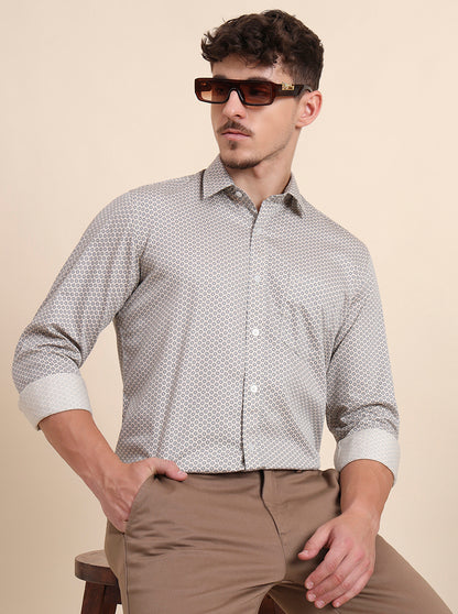 Beige Printed Tailored Fit Semi Casual Shirt | JadeBlue