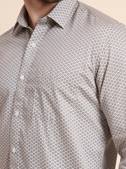 Beige Printed Tailored Fit Semi Casual Shirt | JadeBlue