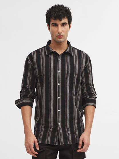 Grey & Black Striped Slim Fit Casual Shirt | Greenfibre