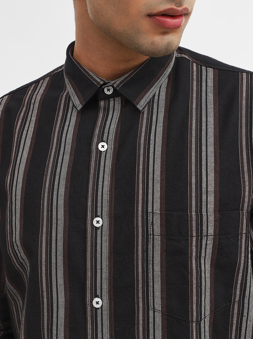 Grey & Black Striped Slim Fit Casual Shirt | Greenfibre