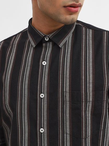 Grey & Black Striped Slim Fit Casual Shirt | Greenfibre