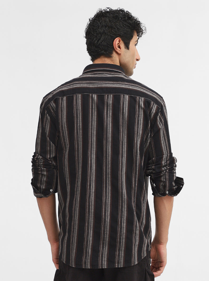 Grey & Black Striped Slim Fit Casual Shirt | Greenfibre