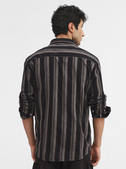 Grey & Black Striped Slim Fit Casual Shirt | Greenfibre