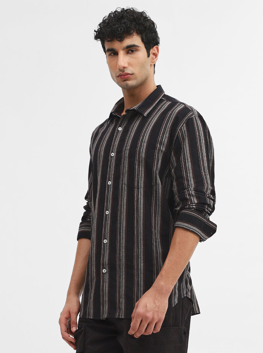 Grey & Black Striped Slim Fit Casual Shirt | Greenfibre