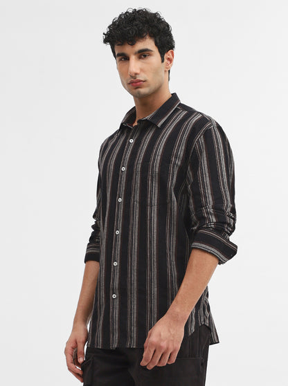 Grey & Black Striped Slim Fit Casual Shirt | Greenfibre