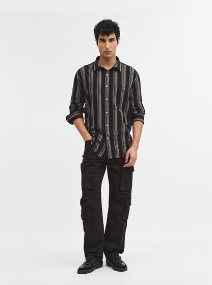 Grey & Black Striped Slim Fit Casual Shirt | Greenfibre