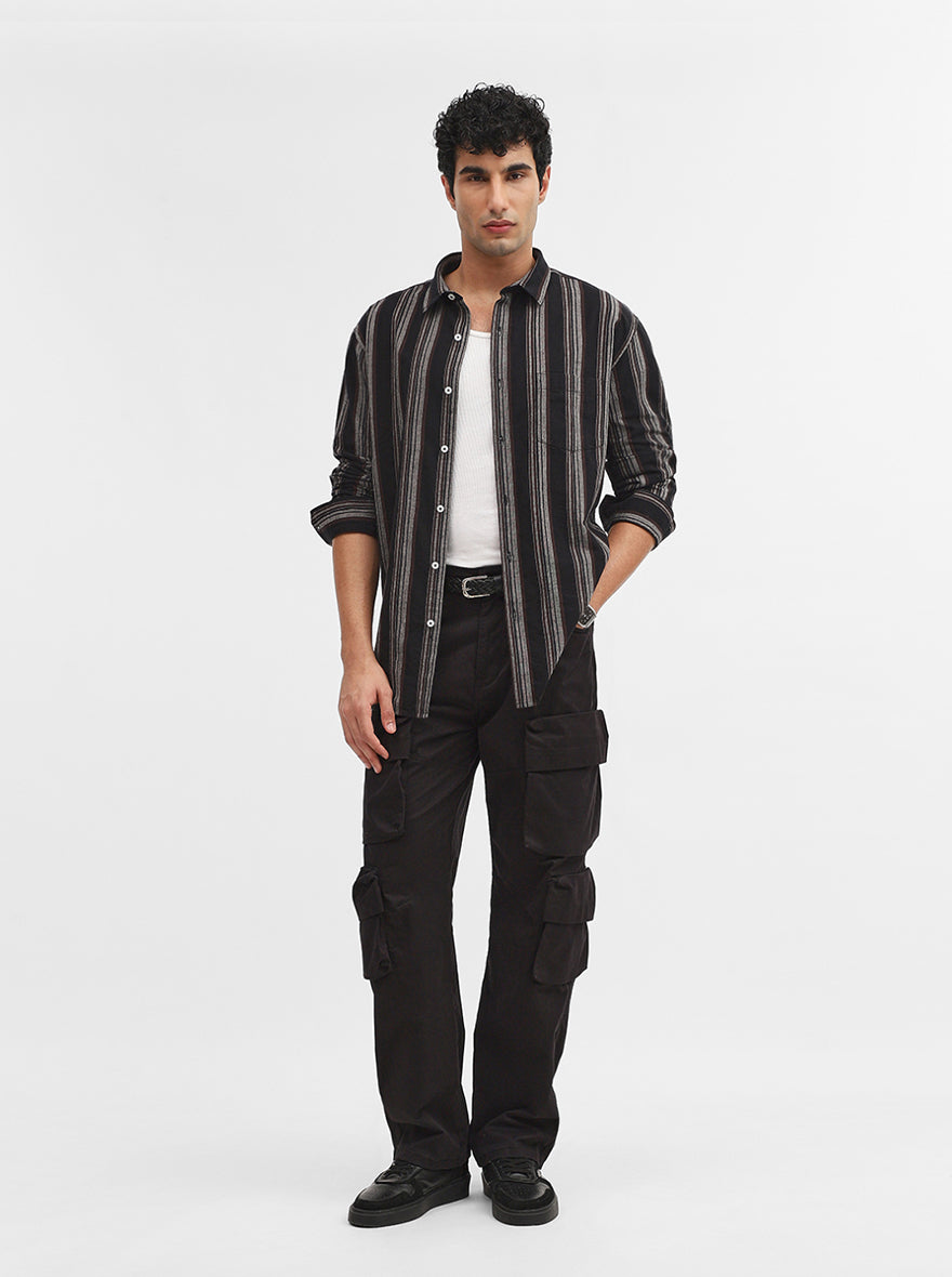 Grey & Black Striped Slim Fit Casual Shirt | Greenfibre