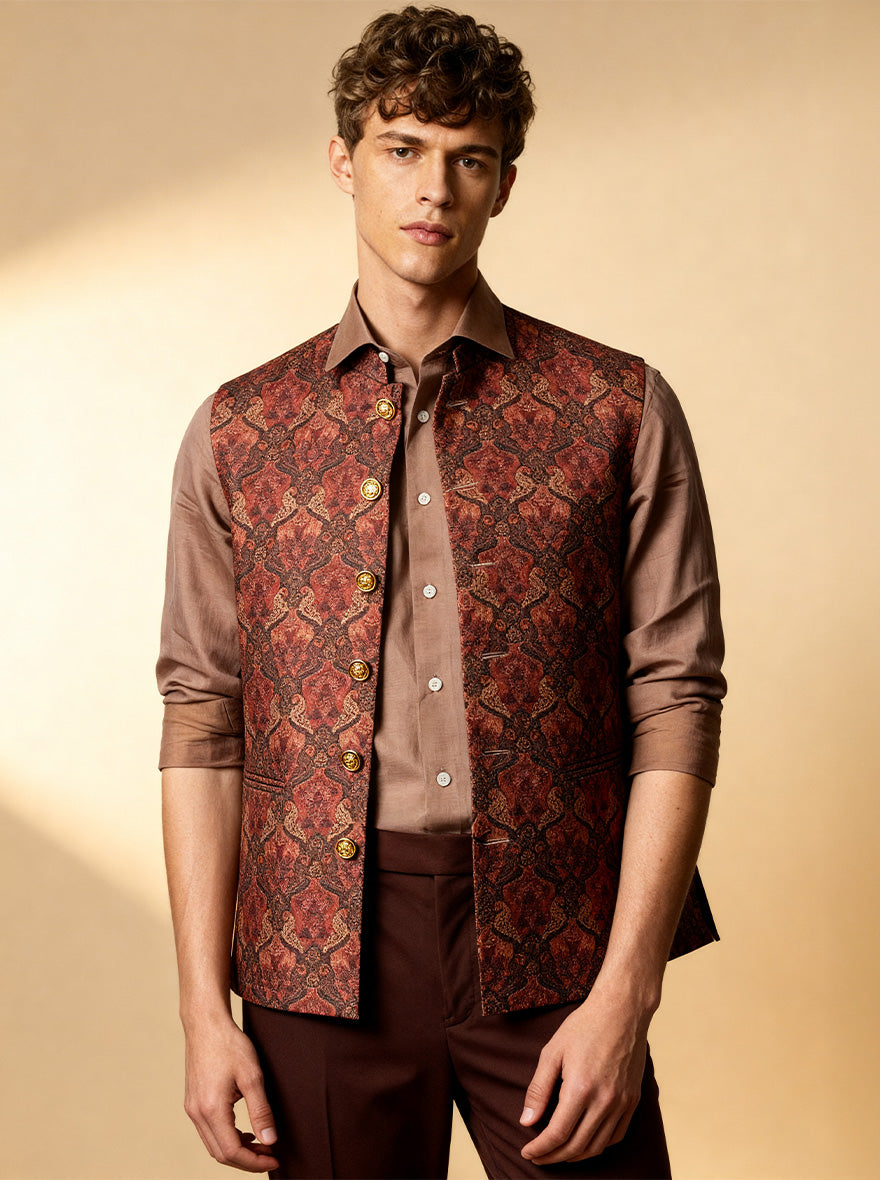Maroon Printed Waistcoat | Greenfibre