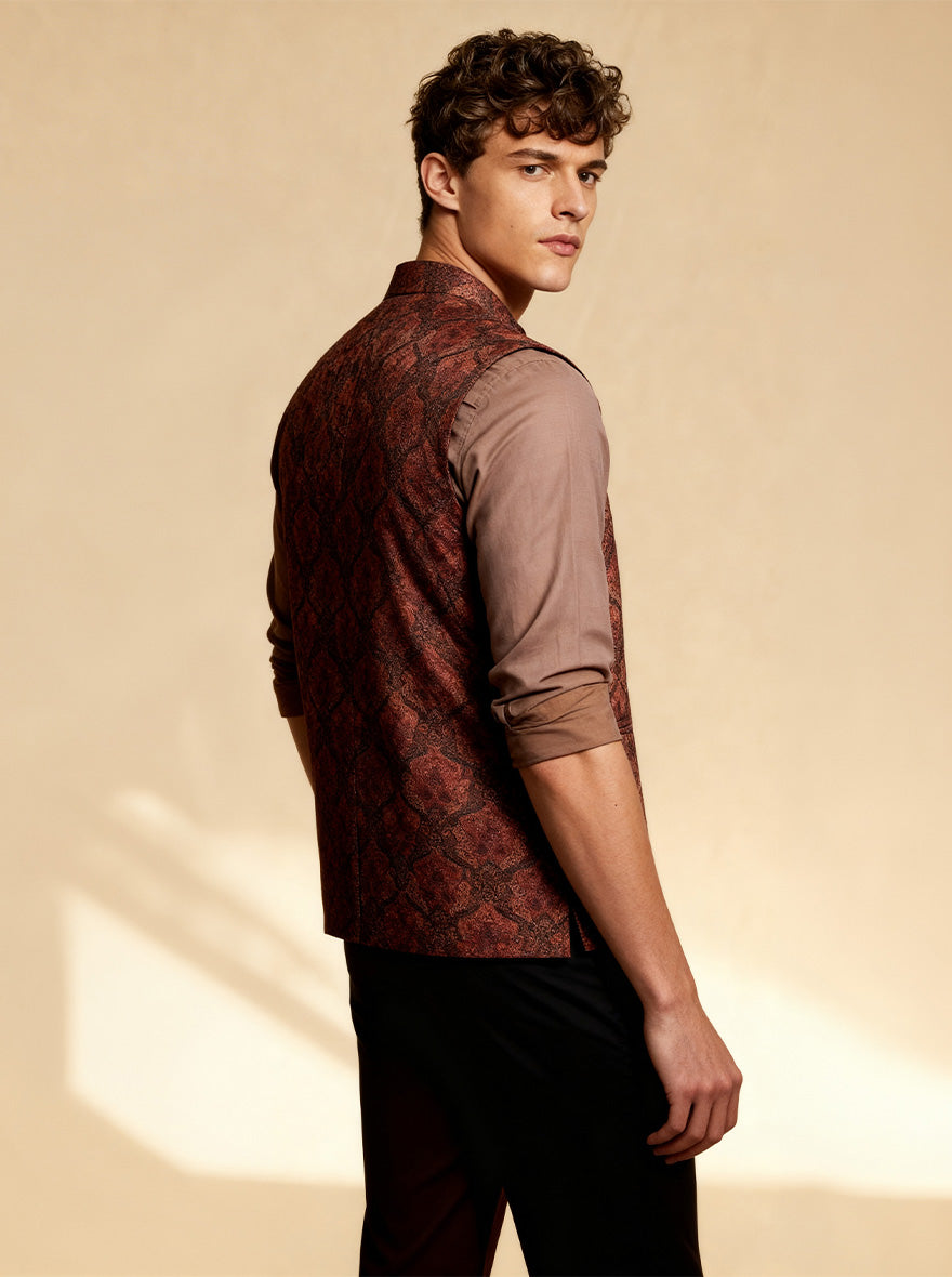 Maroon Printed Waistcoat | Greenfibre
