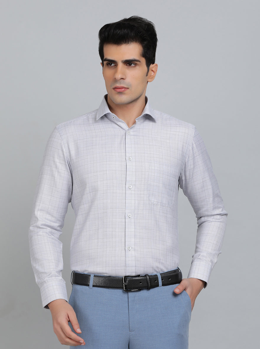 Light Grey Checked Slim Fit Formal Shirt | Greenfibre