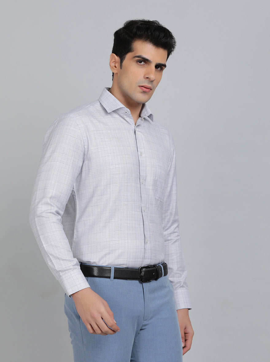 Light Grey Checked Slim Fit Formal Shirt | Greenfibre