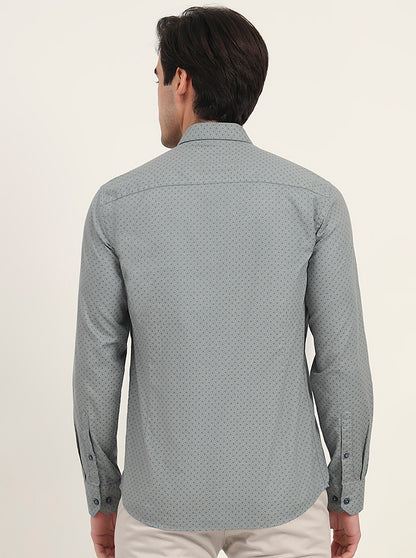 Light Grey & Green Printed Slim Fit Semi Casual Shirt | Greenfibre