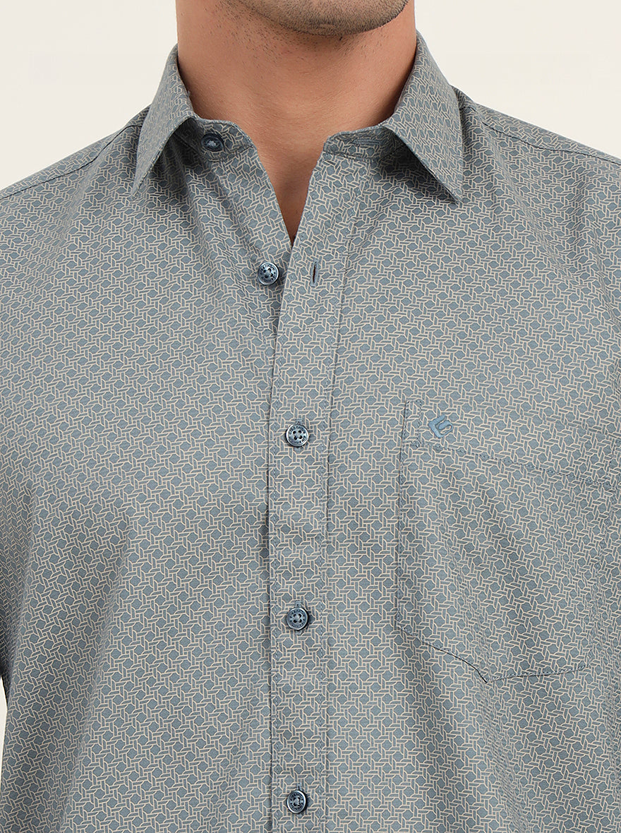 Light Grey & Green Printed Slim Fit Semi Casual Shirt | Greenfibre