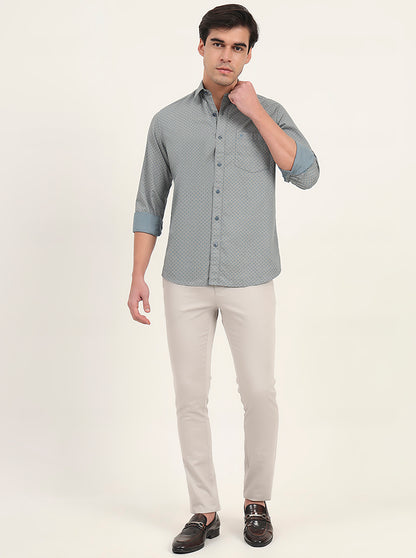 Light Grey & Green Printed Slim Fit Semi Casual Shirt | Greenfibre