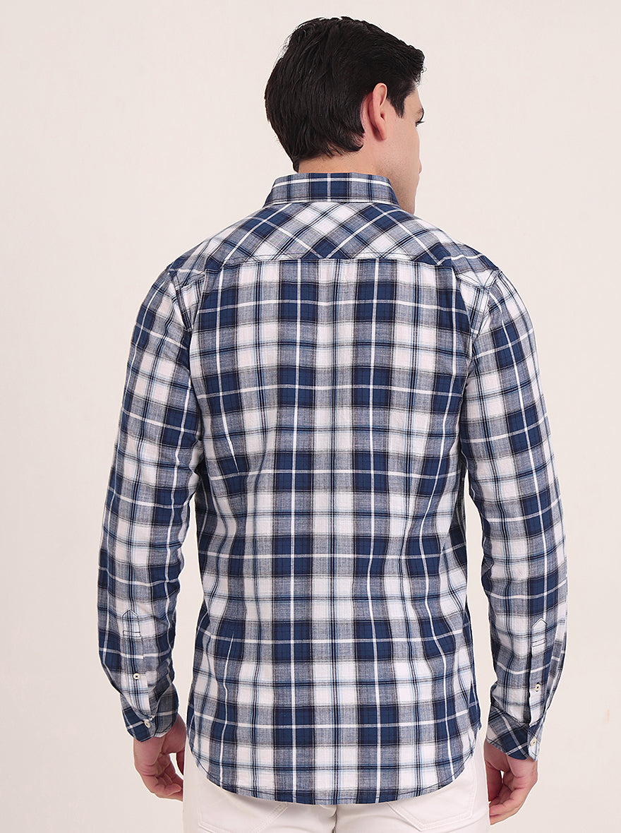 Dark Blue Checked Slim Fit Casual Shirt | JadeBlue