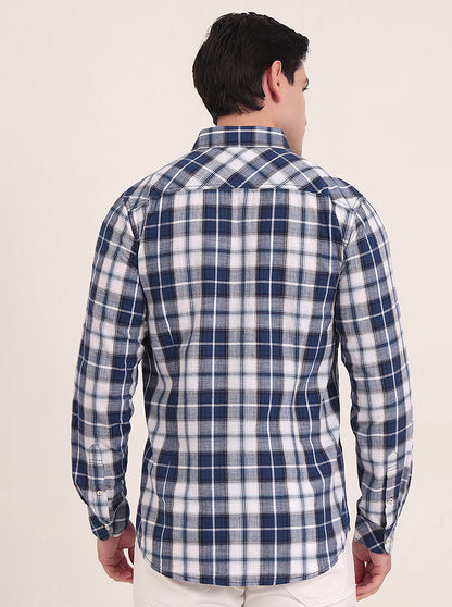 Dark Blue Checked Slim Fit Casual Shirt | JadeBlue