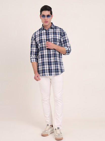 Dark Blue Checked Slim Fit Casual Shirt | JadeBlue
