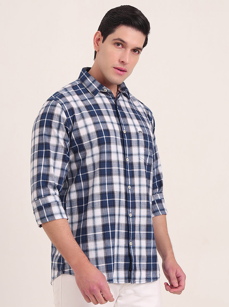 Dark Blue Checked Slim Fit Casual Shirt | JadeBlue