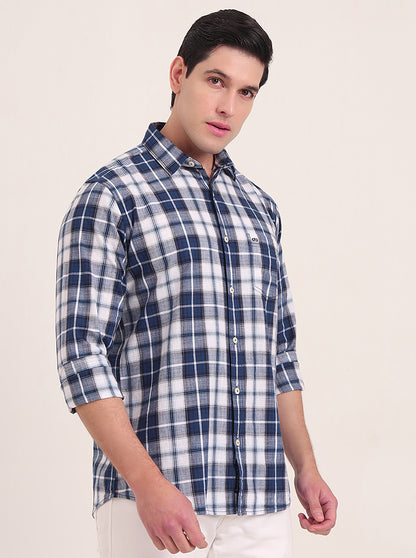 Dark Blue Checked Slim Fit Casual Shirt | JadeBlue