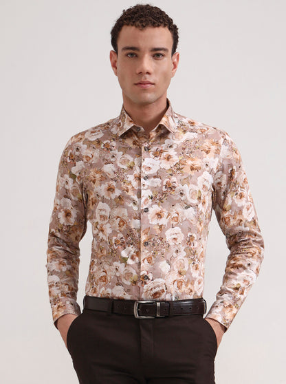Pink & Beige Printed Slim Fit Party Wear Shirt | Wyre