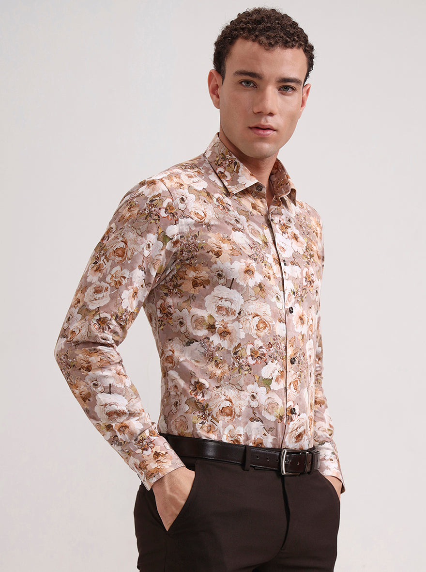 Pink & Beige Printed Slim Fit Party Wear Shirt | Wyre