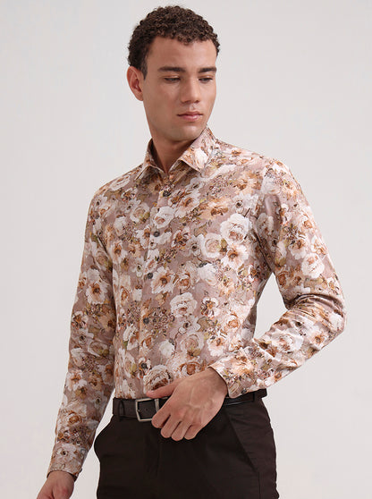 Pink & Beige Printed Slim Fit Party Wear Shirt | Wyre