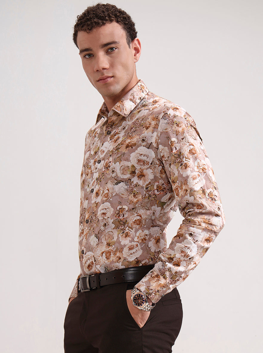 Pink & Beige Printed Slim Fit Party Wear Shirt | Wyre