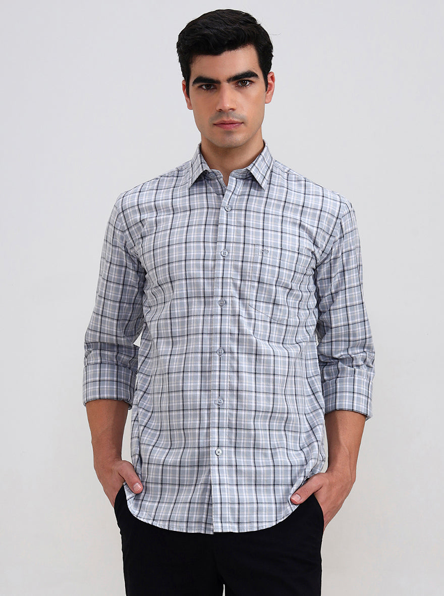Abalone Grey Checked Tailored Fit Semi Casual Shirt | JadeBlue
