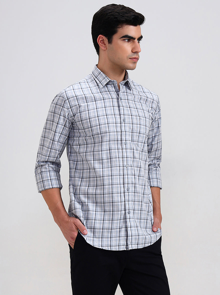 Abalone Grey Checked Tailored Fit Semi Casual Shirt | JadeBlue