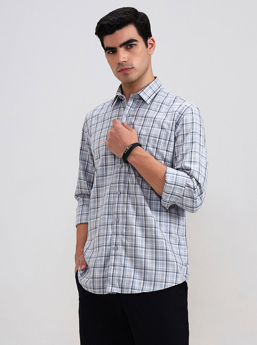 Abalone Grey Checked Tailored Fit Semi Casual Shirt | JadeBlue
